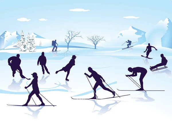 Wintersport Schlittschuhlaufen, Skifahren, — Stockvektor