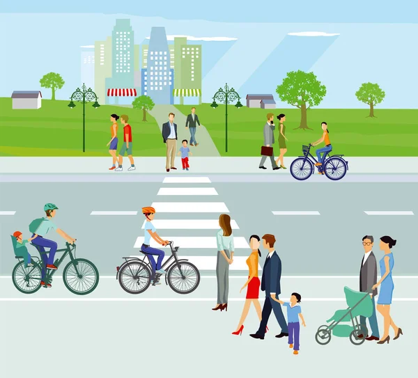 Ciudad con peatones y ciclistas — Vector de stock