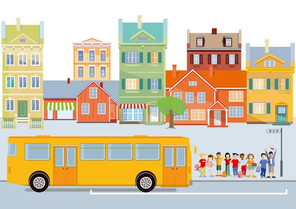 Des écoliers hilarants devant le bus scolaire — Image vectorielle
