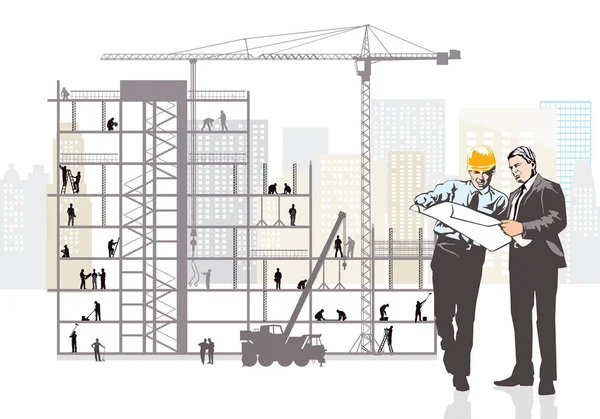 Arquitecto y cliente están planeando en el sitio de construcción — Vector de stock