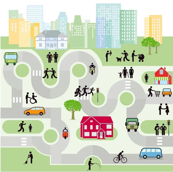 Cidade com pedestres e trânsito — Vetor de Stock