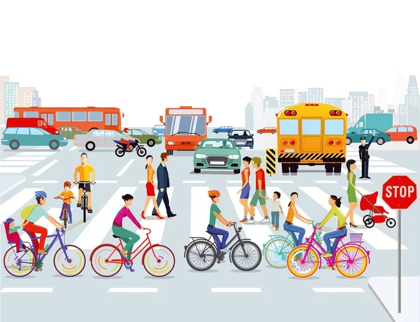 Cidade Com Carros Ciclistas Pedestres — Vetor de Stock