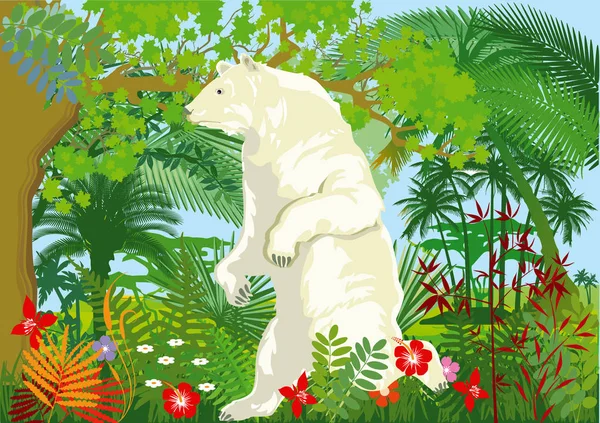 ジャングルの中でホッキョクグマと地球温暖化 イラスト — ストックベクタ