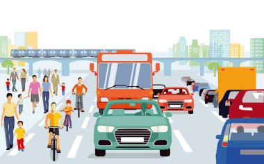 Şehir yayalar, bisikletçiler trafik ile
