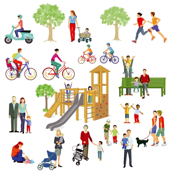 Familias Personas Juegan Parque Ilustración — Vector de stock