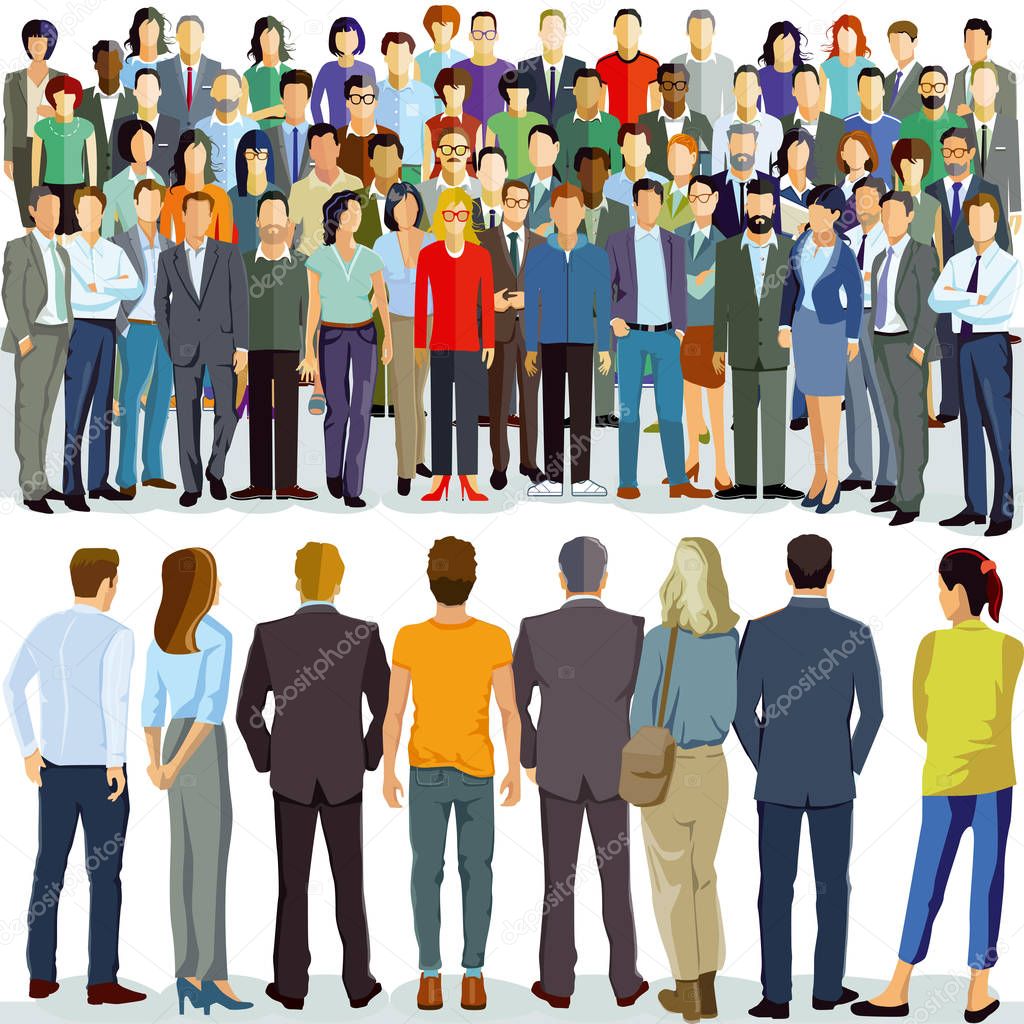 two group of people stand opposite each other, illustration