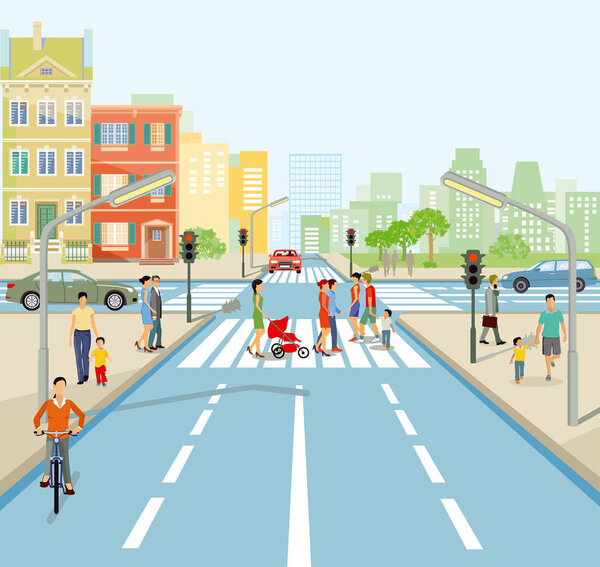 Дорожный узел с людьми и автомобилями
