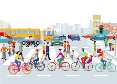 Şehir trafik, bisikletçiler ve yayalar, illüstrasyon