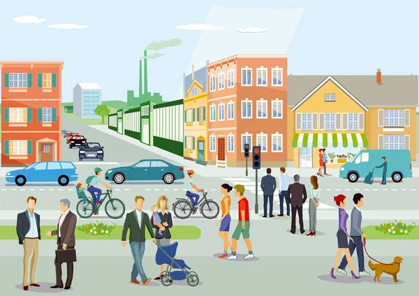 道路交通 自転車と歩行者の図が付いている都市 — ストックベクタ