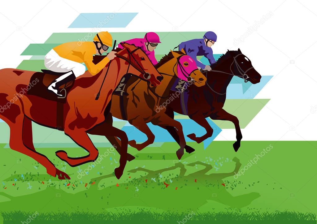 Jockeys with racehorses on the racetrack