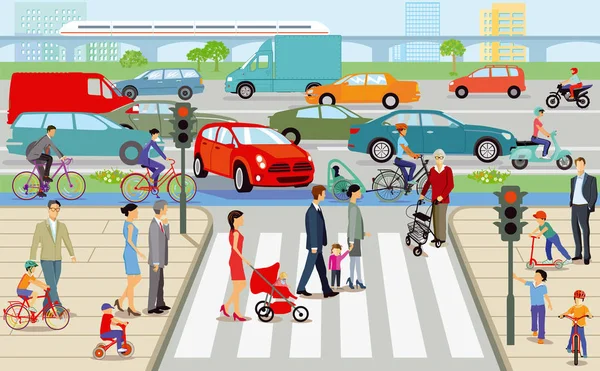 城市与行人过路和路交通 — 图库矢量图片