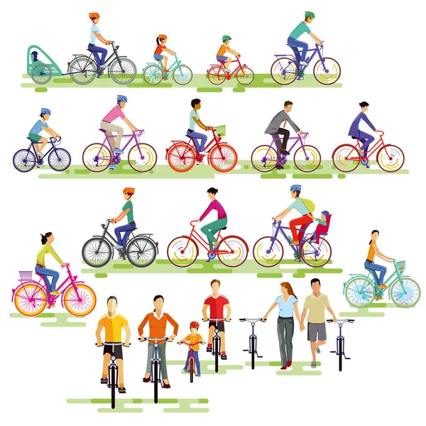 Большая Группа Велосипедистов Иллюстрация — стоковый вектор