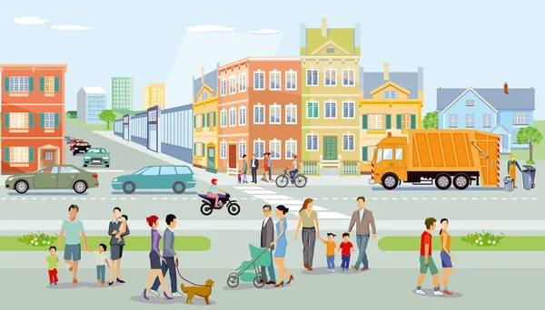 城市与步行者和交通 — 图库矢量图片