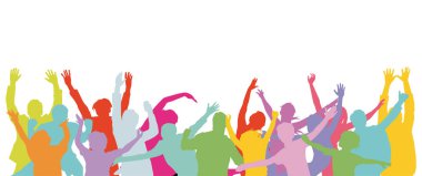 Kutlama ve tezahürat yapan renkli bir grup insan.