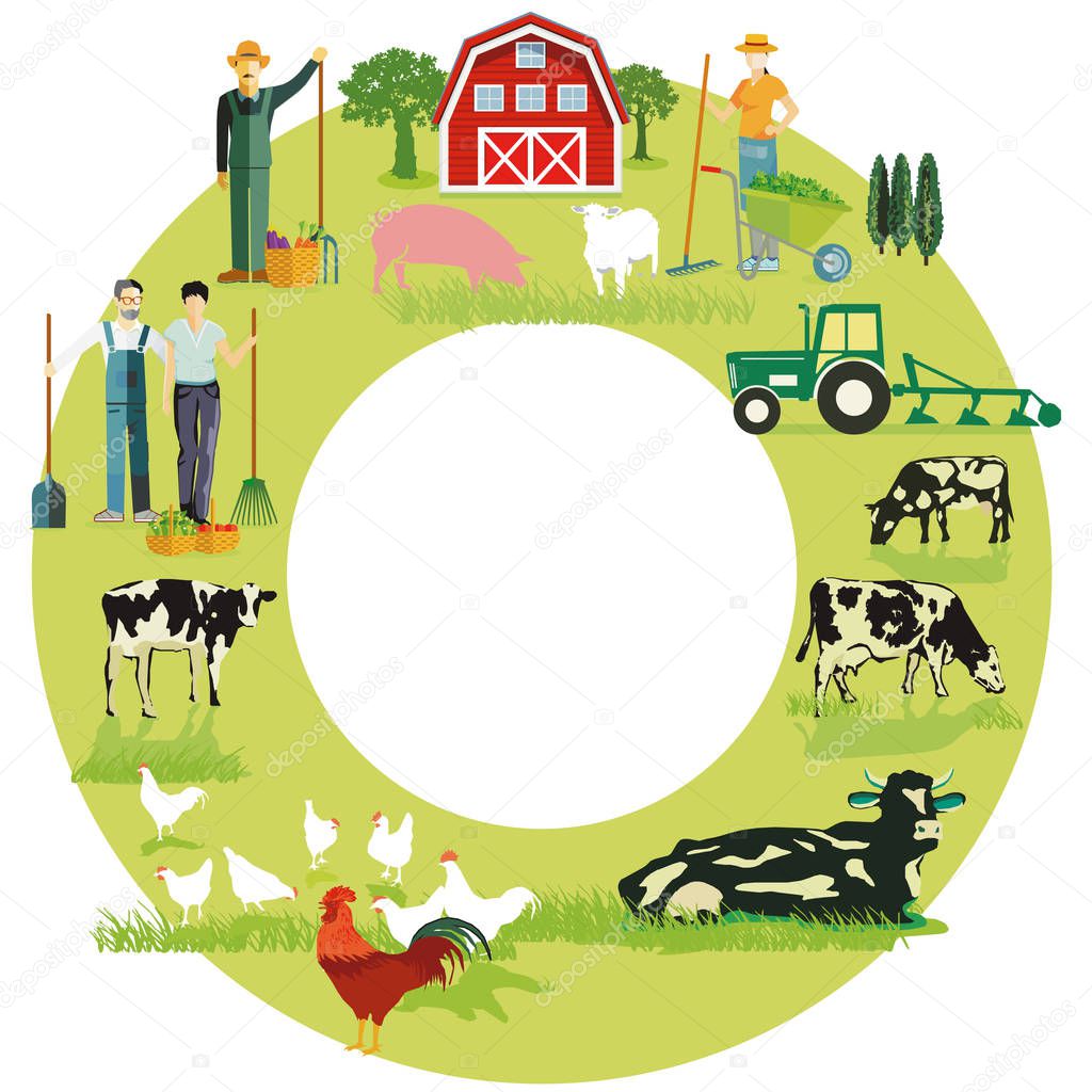Idyllic farm motive with cows on pasture, illustration