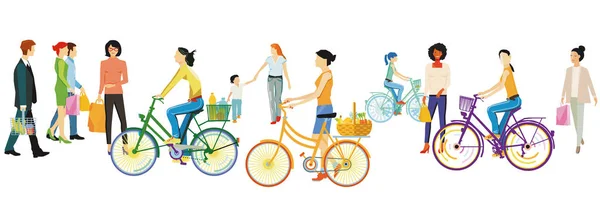 Människor Promenader Och Cykling Illustration — Stock vektor