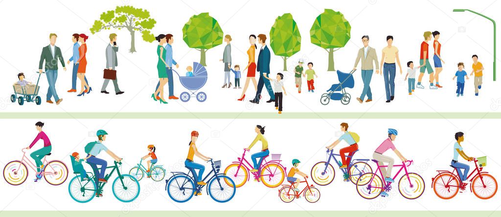 Cyclists and families, group of people