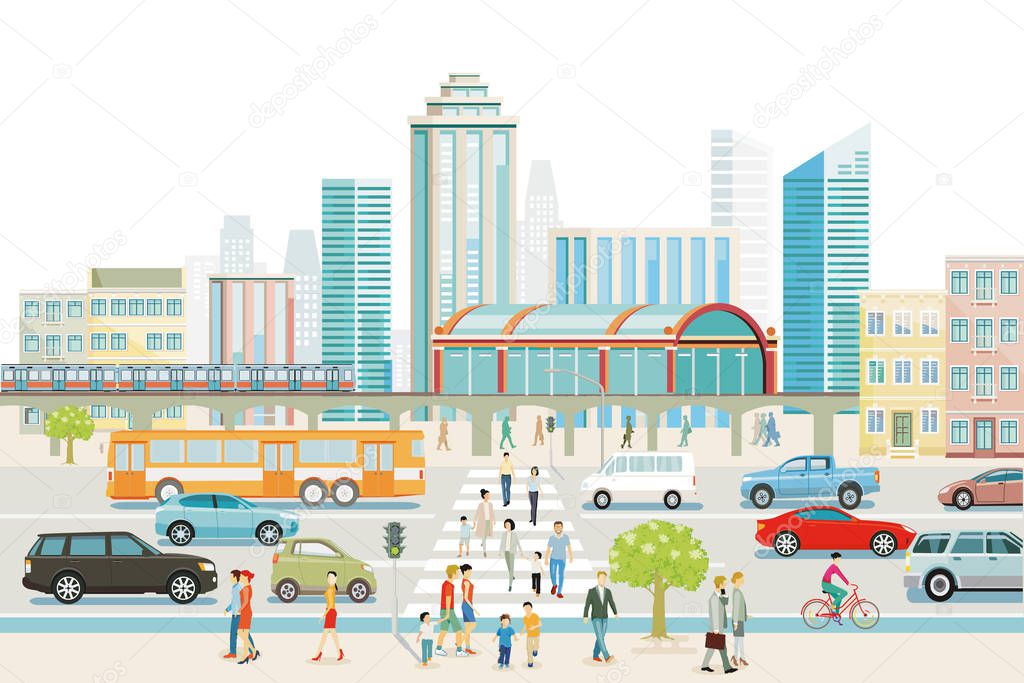Big city with train station, bus, and pedestrian crossing