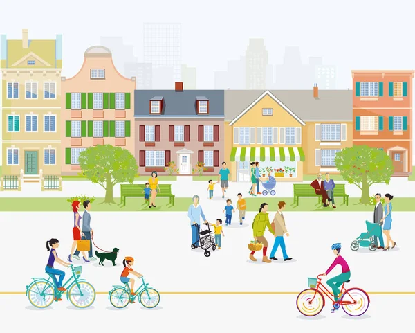 Ville Avec Piétons Familles Sur Trottoir — Image vectorielle