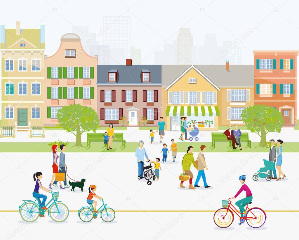 City with pedestrians and families on the sidewalk