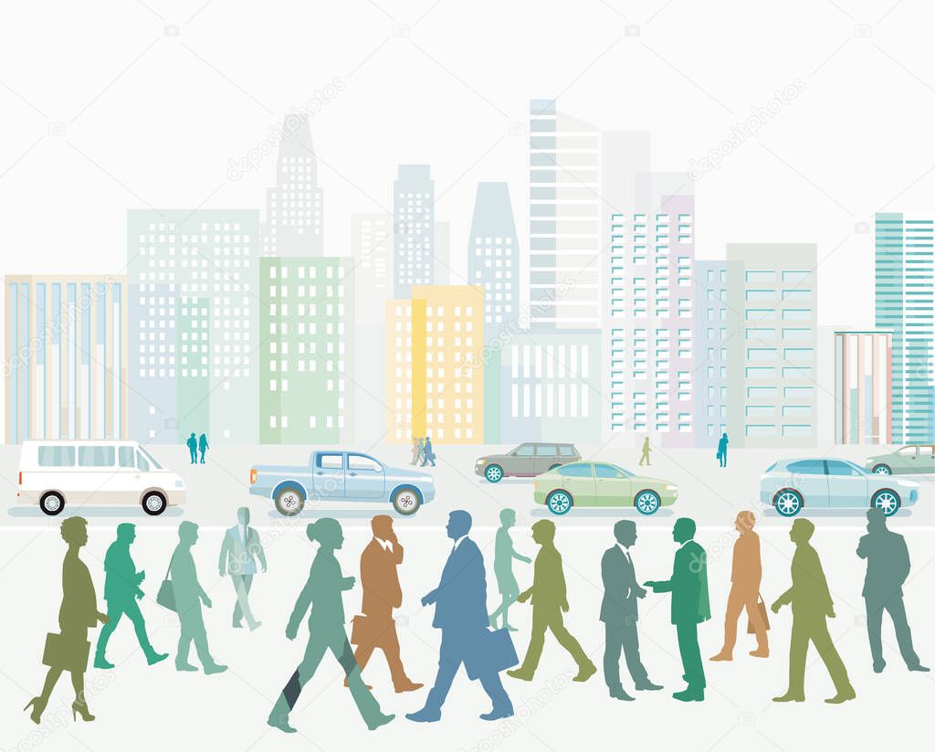 Big city with pedestrians on the sidewalk