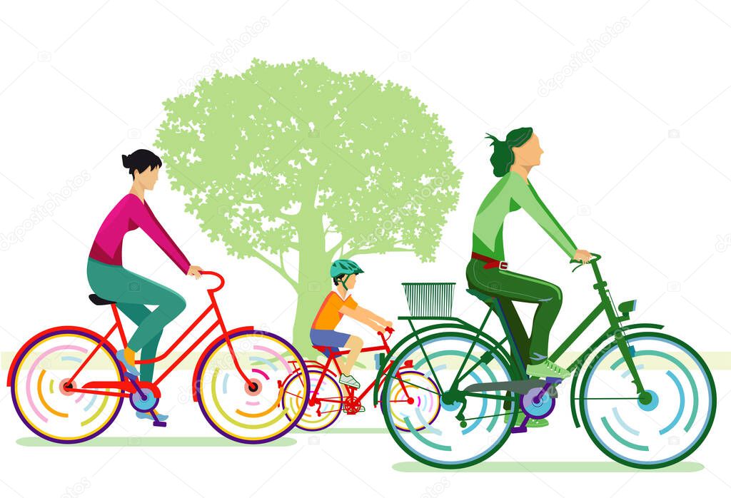 two cyclists with children - vector illustration