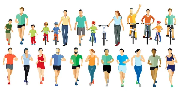 Άνθρωποι Τρέχουν Και Ποδηλασία Ενώ Κάνουν Αθλήματα — Διανυσματικό Αρχείο