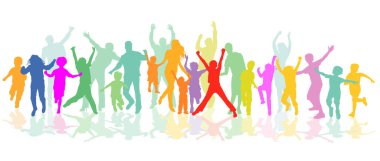 Çocukları, aileleri ve arkadaşları olan neşeli aileler eğleniyor, çizimlerle izole edilmiş