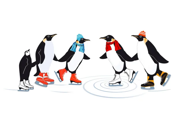 Pingüinos Patinaje Sobre Hielo Ilustración Vectorial — Vector de stock