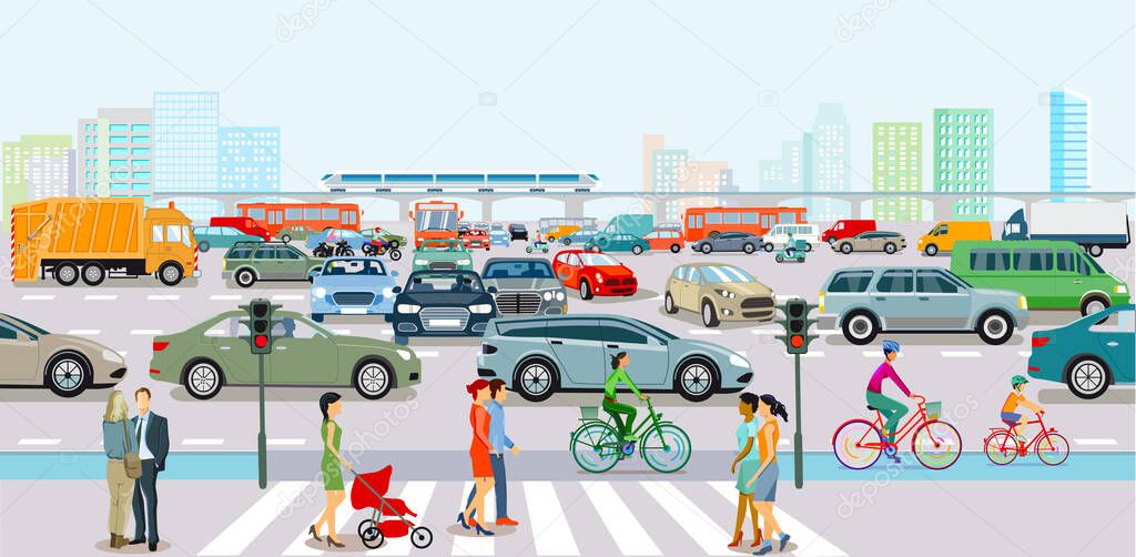 City with traffic in rush hour and pedestrians on the sidewalk