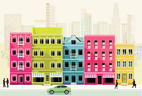 Ville Avec Maisons Colorées Piétons — Image vectorielle