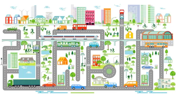 Silueta Ciudad Con Tráfico Gráficos Información — Vector de stock