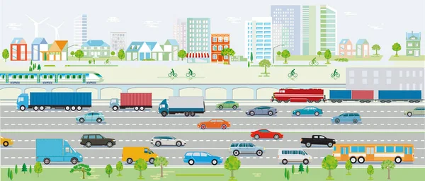 Autostrada Traffico Con Auto Ferrovia Vektor Illustrazione — Vettoriale Stock