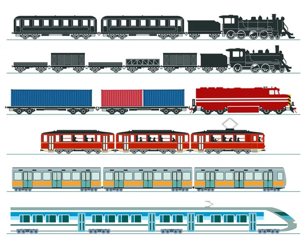 Pociągi Pasażerskie Pociąg Metra Szybkie Pociągi Pociąg Parowy Wektor Ilustracji — Wektor stockowy