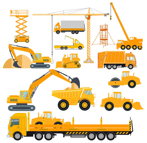 Set of construction machinery with excavators and heavy trucks