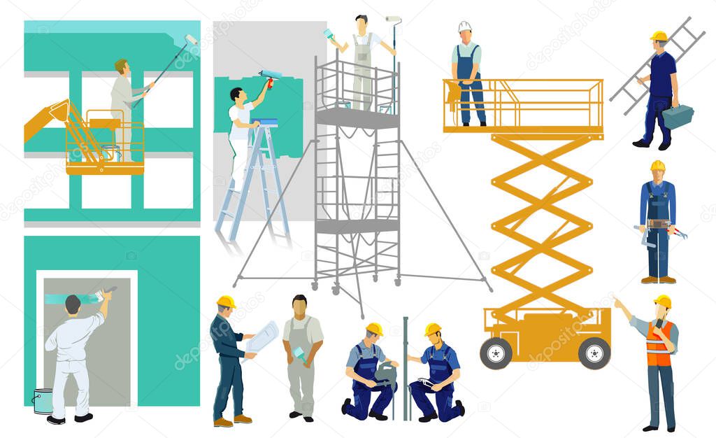 Painters and artisans on construction site. set - illustration