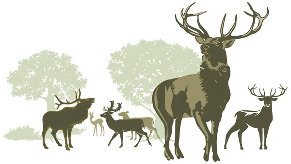 Deer Pack Antlers Silhouettes Illustration — Stock Vector
