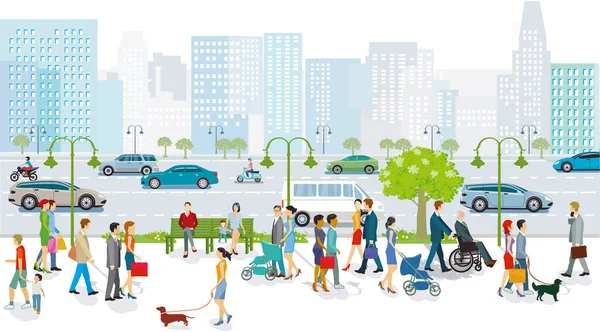 Grande Ville Avec Transports Commun Piétons Circulation Routière Illustration — Image vectorielle