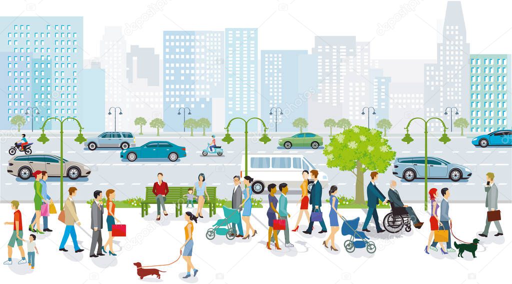 Big city with public transport, pedestrians and road traffic, illustration