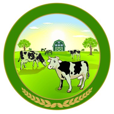 İnekli organik süt ürünleri illüstrasyonu - vektör illüstrasyonu