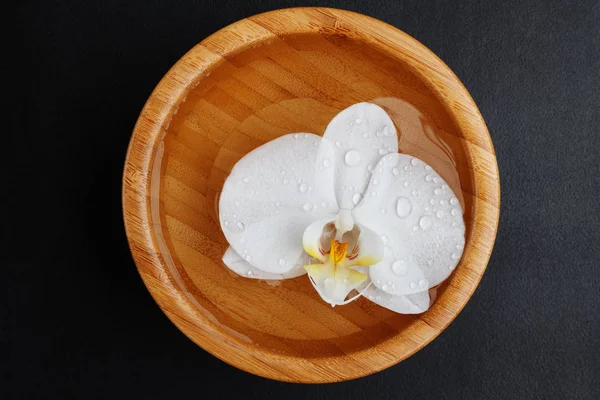 White orchid floating in wooden bowl — Stock Photo, Image