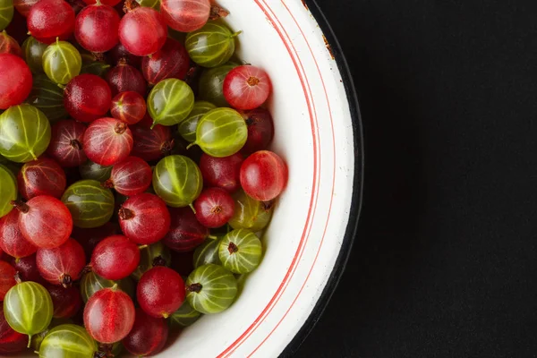 Koyu arka plan üzerinde bir emaye kase taze bektaşi