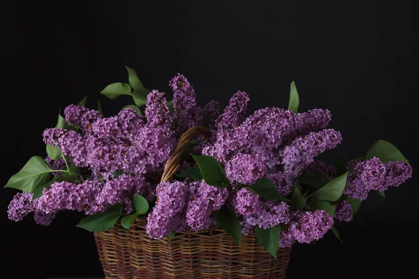 Rieten mandje met een boeket paarse lila bloemen op een zwarte achtergrond — Stockfoto
