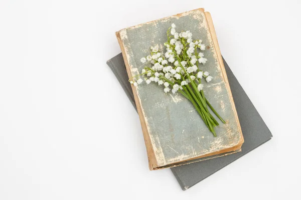 山谷花的花束在白色背景上的两本旧书 — 图库照片