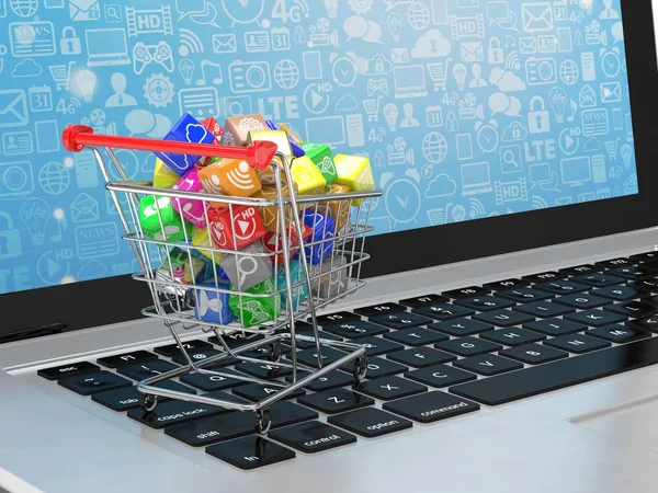 shopping cart with software icons on laptop.