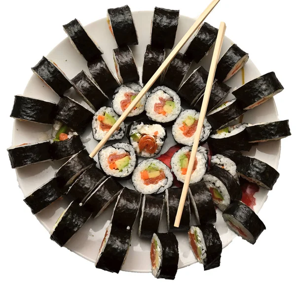 Sushi Tradiční Japonské Jídlo Talíři Bílém Izolovaném Pozadí — Stock fotografie