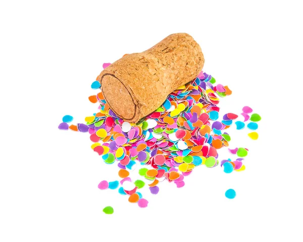 Cortiça de champanhe com confete em branco . — Fotografia de Stock