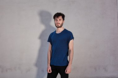 Mavi t-shirt yakışıklı sakallı adam 