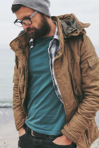 stock image Bearded man in stylish warm clothes