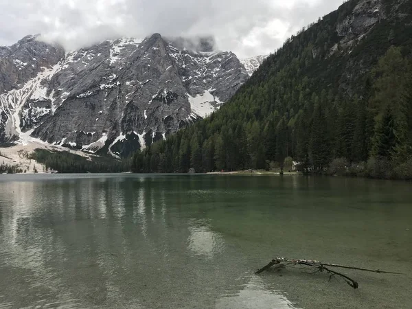 Vue Pittoresque Sur Lac Parmi Les Montagnes Couvertes Forêt Pendant — Photo